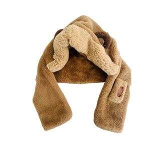 Brown Faux Fur Baby Bear Hooded Scarf With Ear Details & Leather Patch Accent